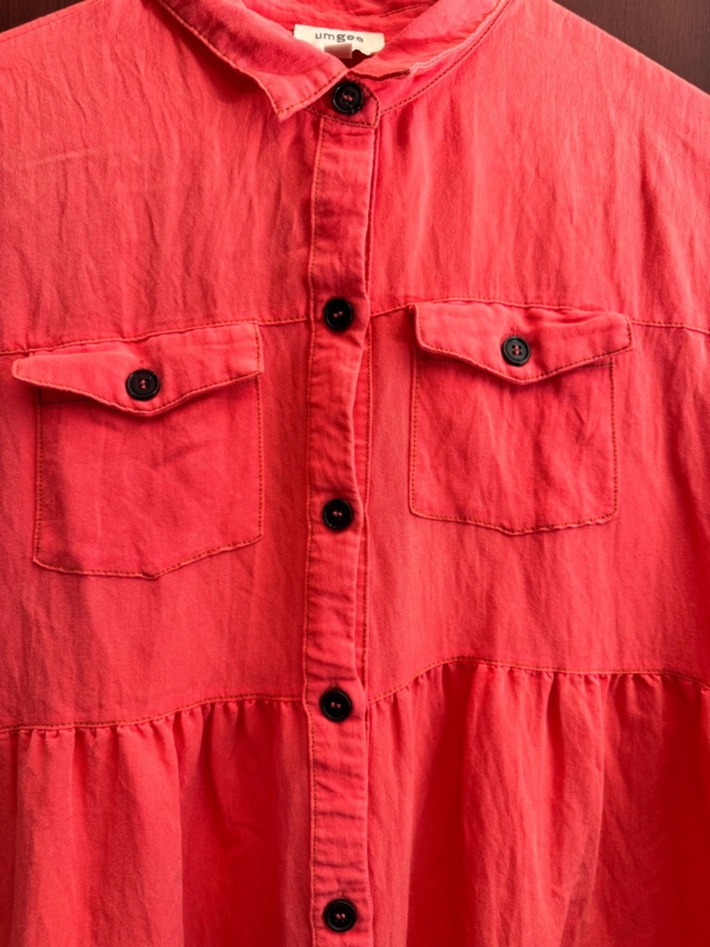 Umgee Coral Button-Front Tiered Dress mineral wash collared neck raw hem Small - Picture 6 of 7